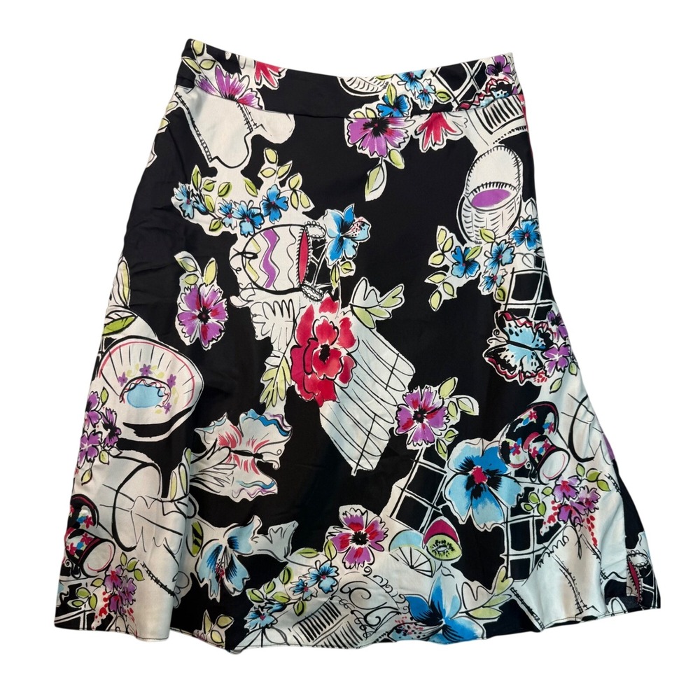Valerie Stevens Petite‎ 100% Silk Floral A-Line Skirt Black Multi Color Size 8P